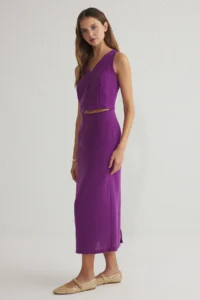 TRENDYOLMİLLA Purple A Cut Waist Dekolteli Vest Form linen look Midi Weaving Dress - Image 2