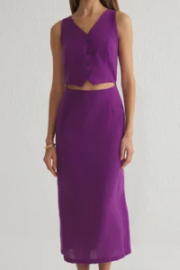 TRENDYOLMİLLA Purple A Cut Waist Dekolteli Vest Form linen look Midi Weaving Dress - Image 4