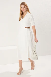 TRENDYOLMİLLA White A- Cut Pleated and Belt Detailed Poplin Lined Midi Weaving Dress