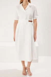 TRENDYOLMİLLA White A- Cut Pleated and Belt Detailed Poplin Lined Midi Weaving Dress - Image 3