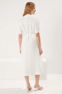 TRENDYOLMİLLA White A- Cut Pleated and Belt Detailed Poplin Lined Midi Weaving Dress - Image 5