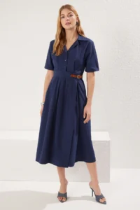 TRENDYOLMİLLA Navy Blue A- Cut Pleated and Belt Detailed Poplin Lined Midi Weaving Dress