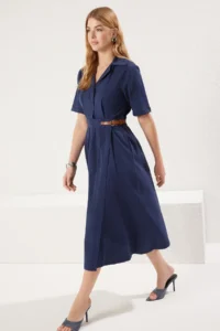 TRENDYOLMİLLA Navy Blue A- Cut Pleated and Belt Detailed Poplin Lined Midi Weaving Dress - Image 2