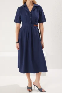 TRENDYOLMİLLA Navy Blue A- Cut Pleated and Belt Detailed Poplin Lined Midi Weaving Dress - Image 3