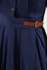 TRENDYOLMİLLA Navy Blue A- Cut Pleated and Belt Detailed Poplin Lined Midi Weaving Dress - Image 4