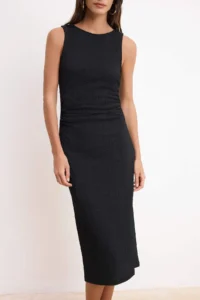 TRENDYOLMİLLA Black textured Material Lined Crew Neck Zero Sleeve Midi Knitting Dress - Image 3