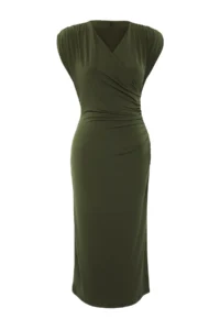TRENDYOLMİLLA Khaki Plain Ruffle / Drape Midi Gather Drape Detailed Double breasted Collar Knitting Dress - Image 6