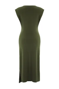 TRENDYOLMİLLA Khaki Plain Ruffle / Drape Midi Gather Drape Detailed Double breasted Collar Knitting Dress - Image 7