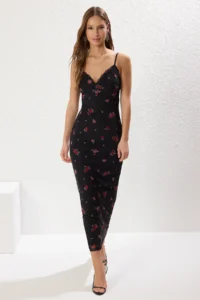 TRENDYOLMİLLA Multicolored Floral Tulle Lace Detailed Maxi Fitted Tulle Knitting Dress