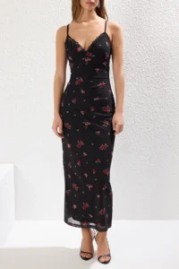TRENDYOLMİLLA Multicolored Floral Tulle Lace Detailed Maxi Fitted Tulle Knitting Dress - Image 3