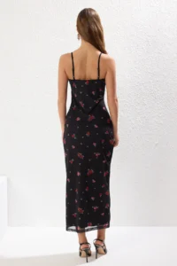 TRENDYOLMİLLA Multicolored Floral Tulle Lace Detailed Maxi Fitted Tulle Knitting Dress - Image 5