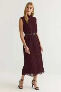 TRENDYOLMİLLA Burgundy Arched Plain Kesim pleated Midi Lined Siphon Weaving Dress