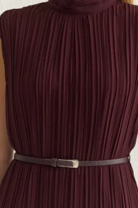 TRENDYOLMİLLA Burgundy Arched Plain Kesim pleated Midi Lined Siphon Weaving Dress - Image 3