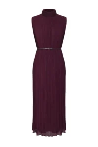 TRENDYOLMİLLA Burgundy Arched Plain Kesim pleated Midi Lined Siphon Weaving Dress - Image 6