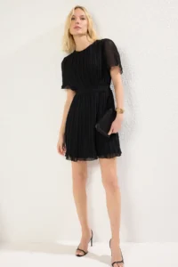 TRENDYOLMİLLA Black pleated Lined Siphon Flight Flight Weaving Mini Dress - Image 2