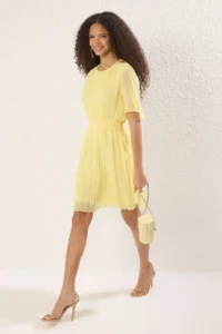 TRENDYOLMİLLA Yellow pleated Lined Siphon Flight Flight Weaving Mini Dress
