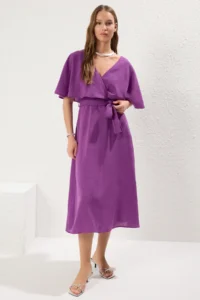 TRENDYOLMİLLA Purple A Cut Double breasted Yaka cloaked Midi linen look Weaving Dress