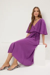 TRENDYOLMİLLA Purple A Cut Double breasted Yaka cloaked Midi linen look Weaving Dress - Image 2