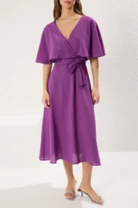 TRENDYOLMİLLA Purple A Cut Double breasted Yaka cloaked Midi linen look Weaving Dress - Image 3