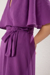 TRENDYOLMİLLA Purple A Cut Double breasted Yaka cloaked Midi linen look Weaving Dress - Image 4