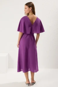 TRENDYOLMİLLA Purple A Cut Double breasted Yaka cloaked Midi linen look Weaving Dress - Image 5