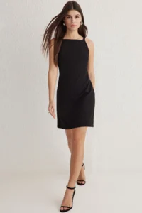 TRENDYOLMİLLA Black Plain Cut Mini Weaving Dress with Stitching Detail - Image 3