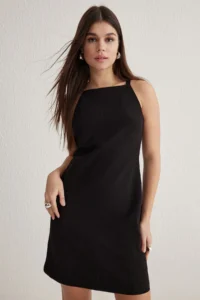TRENDYOLMİLLA Black Plain Cut Mini Weaving Dress with Stitching Detail - Image 4