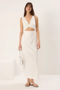 TRENDYOLMİLLA White A Cut Waist Dekolteli Maxi Lined Weaving Dress