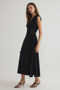 TRENDYOLMİLLA Black Skirt Opened at Waist Accessory Detailed pleated Midi Weaving Dress