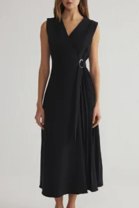 TRENDYOLMİLLA Black Skirt Opened at Waist Accessory Detailed pleated Midi Weaving Dress - Image 3