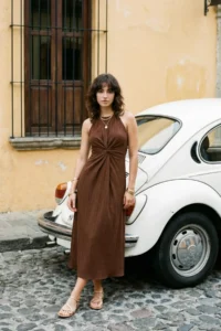 TRENDYOLMİLLA Brown Plain Cut Node Detailed Maxi Weaving Dress
