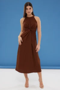 TRENDYOLMİLLA Brown Plain Cut Node Detailed Maxi Weaving Dress - Image 2