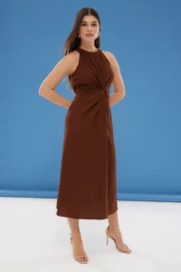 TRENDYOLMİLLA Brown Plain Cut Node Detailed Maxi Weaving Dress - Image 3