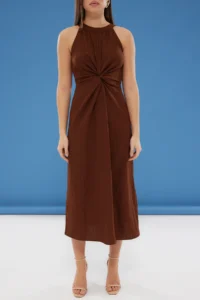 TRENDYOLMİLLA Brown Plain Cut Node Detailed Maxi Weaving Dress - Image 4