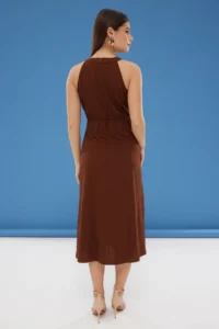 TRENDYOLMİLLA Brown Plain Cut Node Detailed Maxi Weaving Dress - Image 6