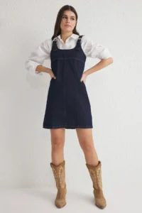TRENDYOLMİLLA Dark Blue with buckle Adjustable Sleeveless Mini denim Dress