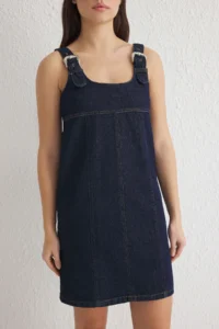 TRENDYOLMİLLA Dark Blue with buckle Adjustable Sleeveless Mini denim Dress - Image 3