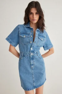 TRENDYOLMİLLA Mavi Pocket Detail Short Sleeve Mini denim Shirt Dress