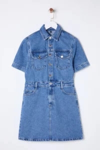 TRENDYOLMİLLA Mavi Pocket Detail Short Sleeve Mini denim Shirt Dress - Image 6