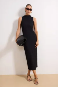 TRENDYOLMİLLA Black textured Material Dog collar Fitted Flexible Maxi Knitting Dress - Image 2