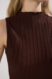 TRENDYOLMİLLA Brown textured Material Dog collar Fitted Flexible Maxi Knitting Dress - Image 3