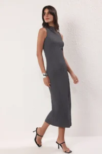 TRENDYOLMİLLA Anthracite textured Material Dog collar Fitted Flexible Maxi Knitting Dress