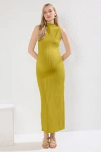 TRENDYOLMİLLA Oil Green textured Material Dog collar Fitted Flexible Maxi Knitting Dress - Image 2