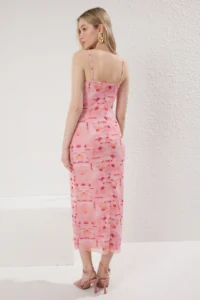 TRENDYOLMİLLA Pink Abstract Printed Tulle Ruffle / Drape Maxi  Knitting Dress - Image 4