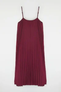 TRENDYOLMİLLA Burgundy Plain slit Maxi pleated A-line Tulle Flexible  Knitting Dress - Image 6