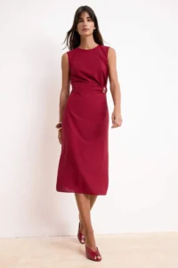 TRENDYOLMİLLA Burgundy Plain Bodysuit hugging Accessory Detailed Midi Weaving Dress - Image 2