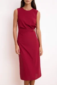 TRENDYOLMİLLA Burgundy Plain Bodysuit hugging Accessory Detailed Midi Weaving Dress - Image 3