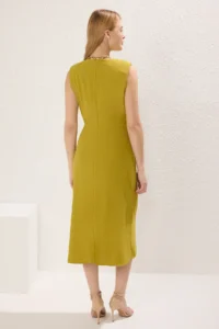 TRENDYOLMİLLA Oil Green Plain Bodysuit hugging with accessories Midi Weaving Dress - Image 4
