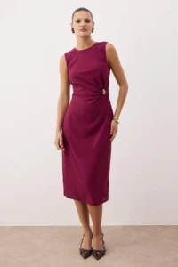 TRENDYOLMİLLA Dark Purple Plain Bodysuit hugging Accessory Detailed Midi  Weaving Dress
