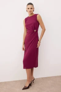 TRENDYOLMİLLA Dark Purple Plain Bodysuit hugging Accessory Detailed Midi  Weaving Dress - Image 2